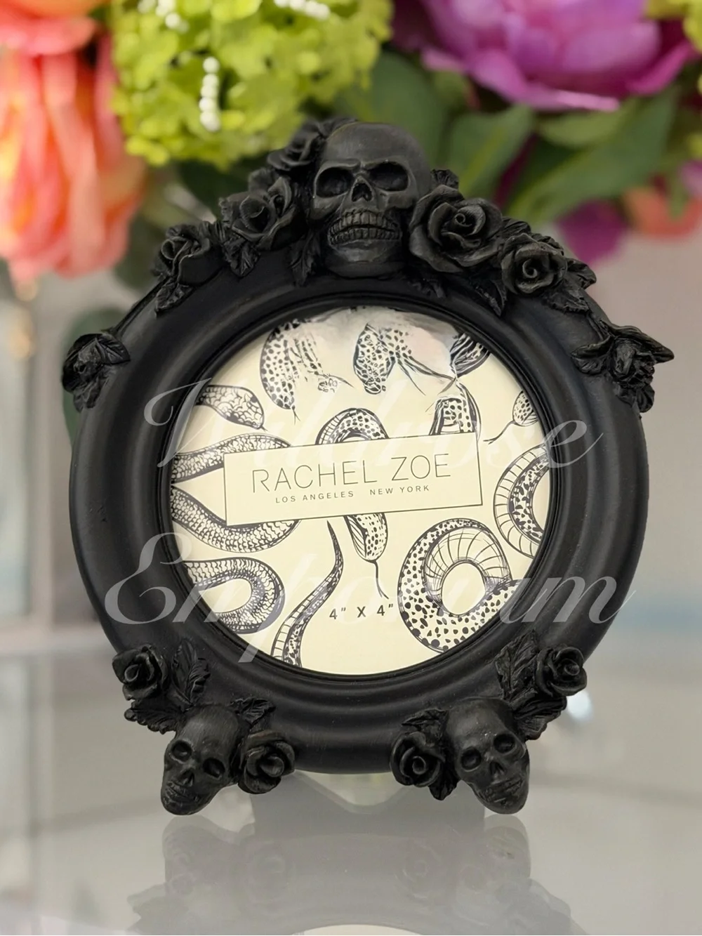 NWOT gothic Skulls Roses Black Rachel Zoe Round Picture Frame 4x4 vintage style